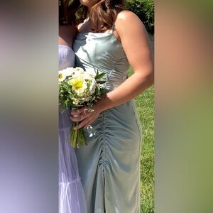 Azazie Light Green Ruched Cowl Neck Bridesmaid Dress with Slit